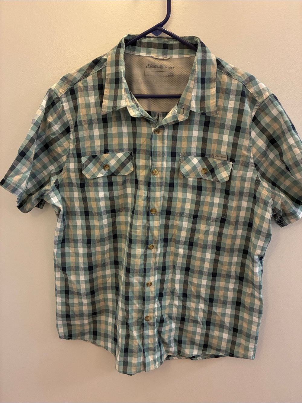 Eddie Bauer Short Sleeve Plaid Button-Down Shirt in Teal, Blue, and Cream XL